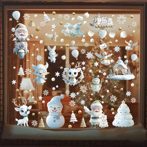 Christmas Window Clings Static PVC Double Sided Reusable Santa Snowman Reindeer Snowflake Holiday Glass Decor