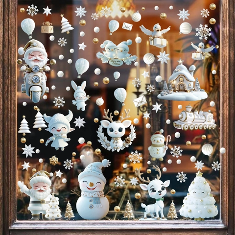 Christmas Window Clings Static PVC Double Sided Reusable Santa Snowman Reindeer Snowflake Holiday Glass Decor