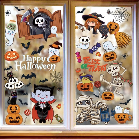 Halloween Window Clings Double Sided Static PVC Stickers For Glass Decoration Cartoon Pumpkin Ghost Witch Party Favors