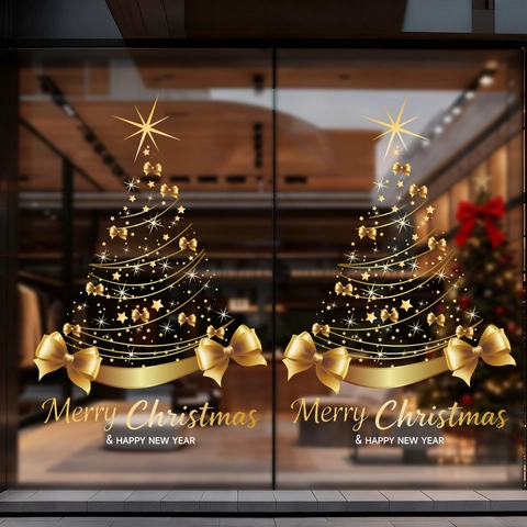 Christmas Tree Window Stickers Gold Static Cling PVC Festive Party Decoration For Shop Home Glass Decals Holiday Ornament