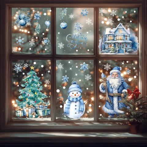 Christmas Window Clings PVC Static Stickers Blue Santa Snowman Snowflake Double Sided Glass Decals Holiday Party Decoration