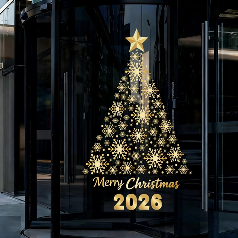 Golden Snowflake Christmas Tree Window Stickers Static Cling Decals Merry Christmas 2026 Glass Door Festive Decoration
