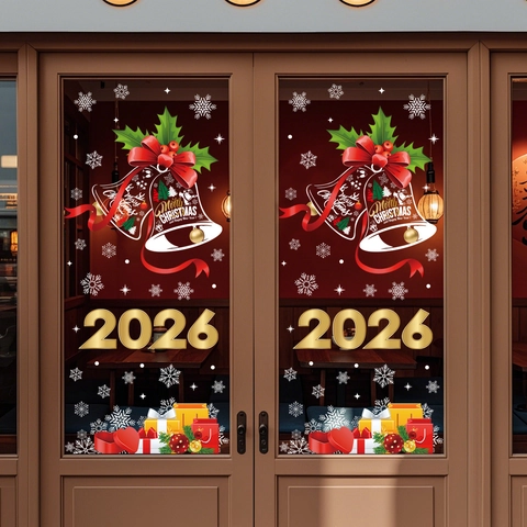 Christmas Window Clings 2026 PVC Static Stickers Bells Snowflake New Year Shop Home Glass Decoration Festive Decals