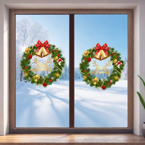 Christmas Wreath Window Stickers Static Cling PVC Reusable Xmas Glass Decals Festive Holiday Home Party Decor