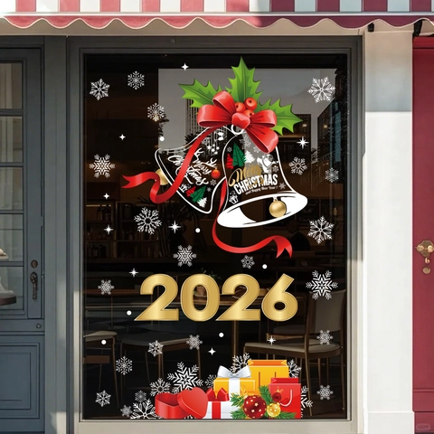 Christmas Window Clings 2026 PVC Static Stickers Bells Snowflake New Year Shop Home Glass Decoration Festive Decals