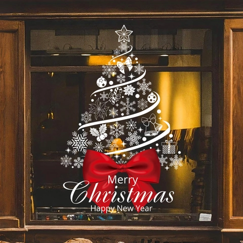 Christmas Window Clings Static Snowflake Christmas Tree Decals With Red Bow White PVC Removable Holiday Shop Glass Decor