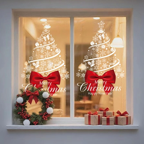 Christmas Window Clings Static Snowflake Christmas Tree Decals With Red Bow White PVC Removable Holiday Shop Glass Decor