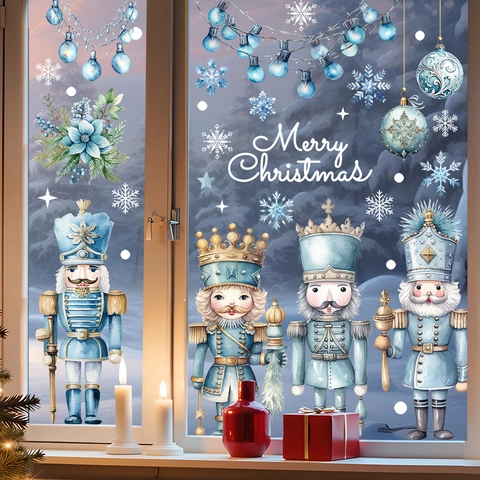 Vinilos Navideños Para Ventanas Cascanueces Soldado Azul Copo De Nieve Pegatinas Estáticas Doble Cara Decoración De Cristal Hogar