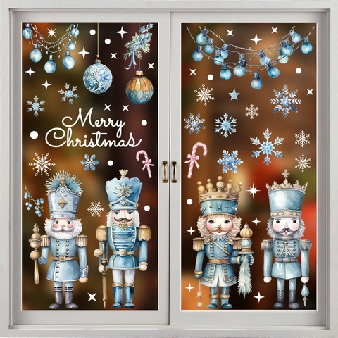 Vinilos Navideños Para Ventanas Cascanueces Soldado Azul Copo De Nieve Pegatinas Estáticas Doble Cara Decoración De Cristal Hogar