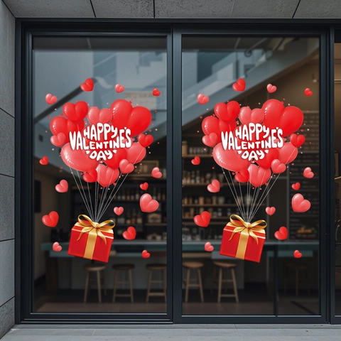 Valentinstag Fensteraufkleber Herz Ballon Rose Geschenkbox Glasbilder PVC Wasserdicht Festival Haus Büro Dekoration