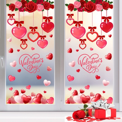 Valentine Fensterbilder Rote Rosen Herz Statisch Haftend Abnehmbare Glasaufkleber Romantische Feiertag Party Dekoration