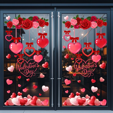 Valentine Fensterbilder Rote Rosen Herz Statisch Haftend Abnehmbare Glasaufkleber Romantische Feiertag Party Dekoration