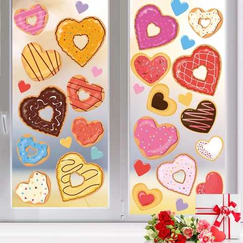 Pegatinas Ventana Corazón Donut San Valentín PVC Estático Doble Cara Decoración Romántica Para Puerta Vidrio Hogar Fiesta