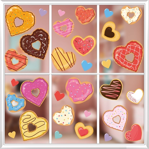Pegatinas Ventana Corazón Donut San Valentín PVC Estático Doble Cara Decoración Romántica Para Puerta Vidrio Hogar Fiesta