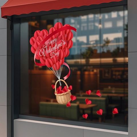 Valentine's Day Window Stickers PVC Static Clings Romantic Heart Hot Air Balloon Rose Shop Glass Decals Home Decor