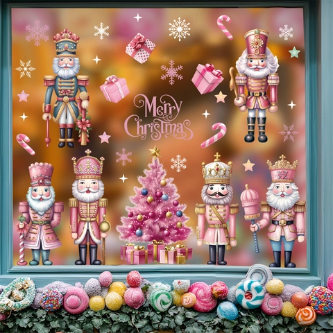 Nutcracker Christmas Window Clings Pink PVC Static Decals For Glass Festive Party Home Decor Cartoon Soldier Theme