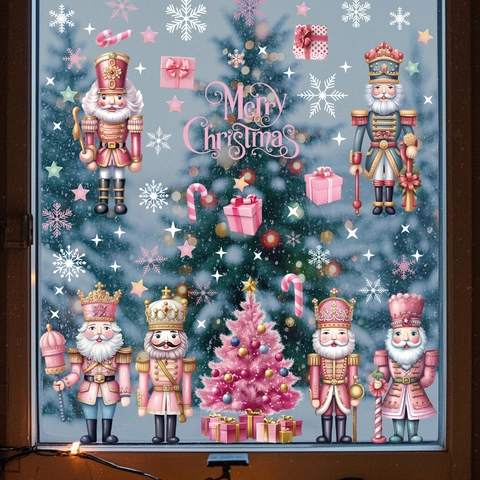Nutcracker Christmas Window Clings Pink PVC Static Decals For Glass Festive Party Home Decor Cartoon Soldier Theme