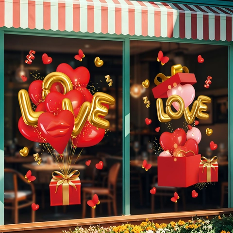 Valentine's Day Window Clings PVC Static Stickers Love Heart Gift Box 3D Effect Romantic Holiday Decoration
