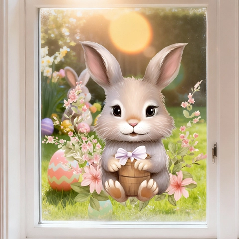 Easter Bunny Window Sticker PVC Waterproof Cute Cartoon Rabbit Decal For Glass Window Refrigerator Home Decor