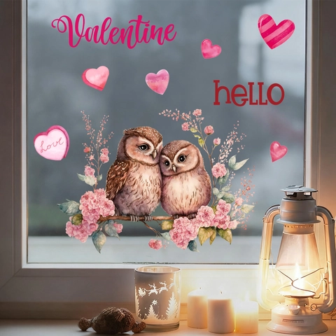 Adesivi Finestra San Valentino PVC Statici Gufi Acquerello Cuori Rosa Decorazione Vetro Casa Festa Vacanze