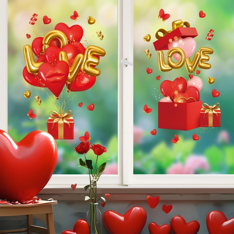 Valentine's Day Window Clings PVC Static Stickers Love Heart Gift Box 3D Effect Romantic Holiday Decoration