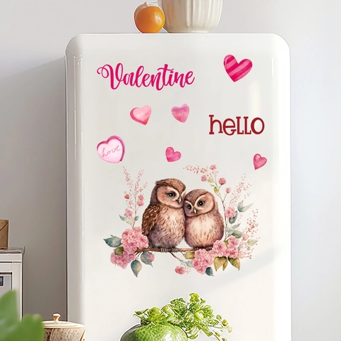 Adesivi Finestra San Valentino PVC Statici Gufi Acquerello Cuori Rosa Decorazione Vetro Casa Festa Vacanze