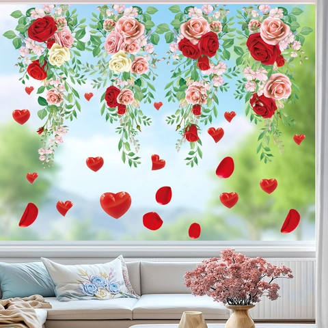 Pegatinas De Ventana De Enredadera De Rosas Románticas PVC Estáticas Calcomanías Florales De Corazón Para Vitrina De Cristal Decoración
