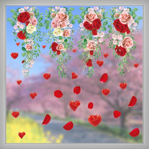 Pegatinas De Ventana De Enredadera De Rosas Románticas PVC Estáticas Calcomanías Florales De Corazón Para Vitrina De Cristal Decoración
