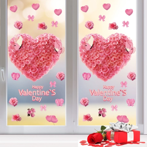 Pegatinas De Ventana De San Valentín Corazón De Flores De Rosa Calcomanías De PVC Estáticas Para Decoración Romántica