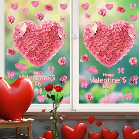 Pegatinas De Ventana De San Valentín Corazón De Flores De Rosa Calcomanías De PVC Estáticas Para Decoración Romántica