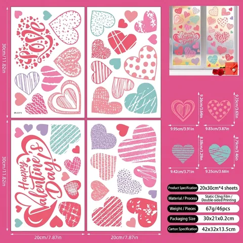 Valentine Day Heart Window Clings Double Sided Static Film Removable Glass Door Romantic Decoration Love Theme