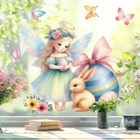 Easter Window Stickers PVC Static Cling Angel Fairy Rabbit Egg Butterfly Flower Decor Watercolor Illustration For Glass Mirror