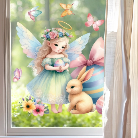 Easter Window Stickers PVC Static Cling Angel Fairy Rabbit Egg Butterfly Flower Decor Watercolor Illustration For Glass Mirror