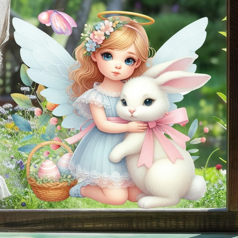 Easter Window Clings Angel Girl Rabbit PVC Static Sticker Holiday Home Decor Removable Glass Decals Floral Cartoon