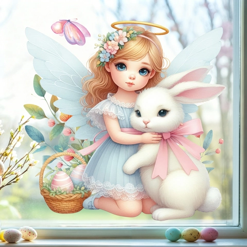 Easter Window Clings Angel Girl Rabbit PVC Static Sticker Holiday Home Decor Removable Glass Decals Floral Cartoon
