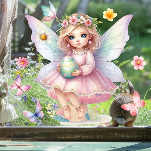 Easter Window Cling Cute Fairy Angel With Egg Butterfly Flower PVC Static Decals For Home Glass Holiday Decoration