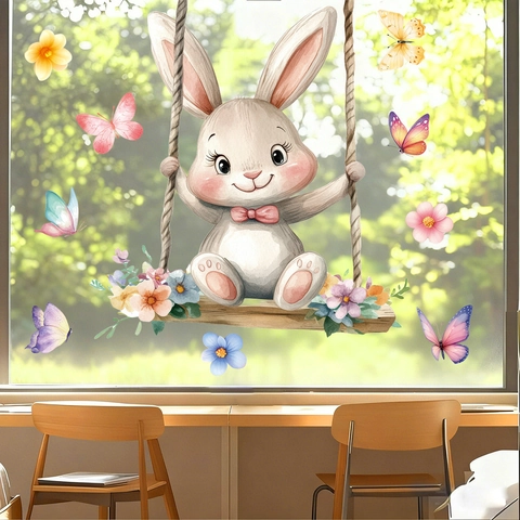 Easter Window Clings Watercolor Cute Rabbit On Swing Butterflies Flowers Static PVC Stickers Reusable Glass Decals