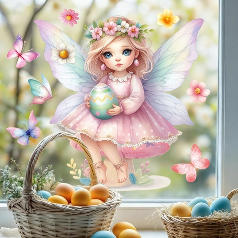 Easter Window Cling Cute Fairy Angel With Egg Butterfly Flower PVC Static Decals For Home Glass Holiday Decoration