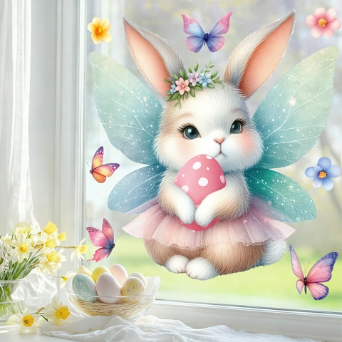 Easter Window Stickers Static Cling Cute Angel Rabbit Fairy Wings Flower Wreath Easter Egg Butterfly PVC Decorative Decals