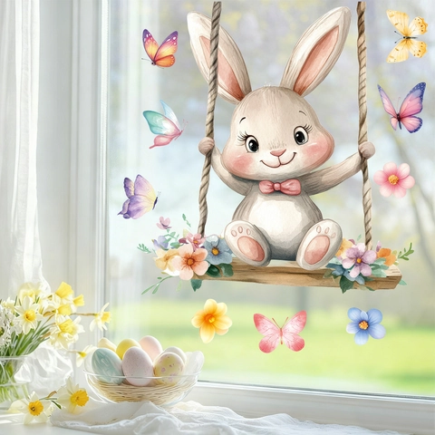 Easter Window Clings Watercolor Cute Rabbit On Swing Butterflies Flowers Static PVC Stickers Reusable Glass Decals