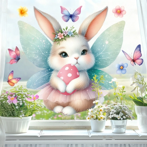 Easter Window Stickers Static Cling Cute Angel Rabbit Fairy Wings Flower Wreath Easter Egg Butterfly PVC Decorative Decals