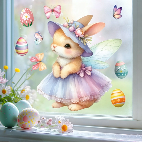 Adesivi Per Finestre Di Pasqua PVC Statici Angelo Coniglio Uova Farfalle Acquerello Decorazione Per Vetro Specchio