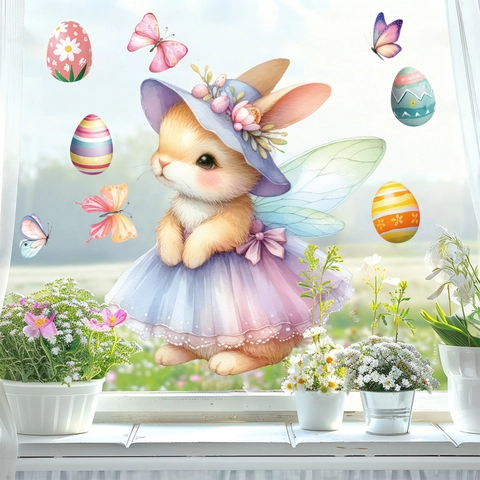 Adesivi Per Finestre Di Pasqua PVC Statici Angelo Coniglio Uova Farfalle Acquerello Decorazione Per Vetro Specchio