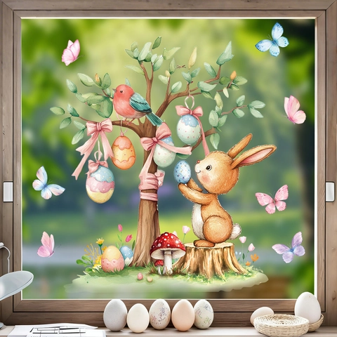 Easter Window Sticker Static Cling Watercolor Rabbit Egg Tree PVC Holiday Home Decor Decal Glass Ornament