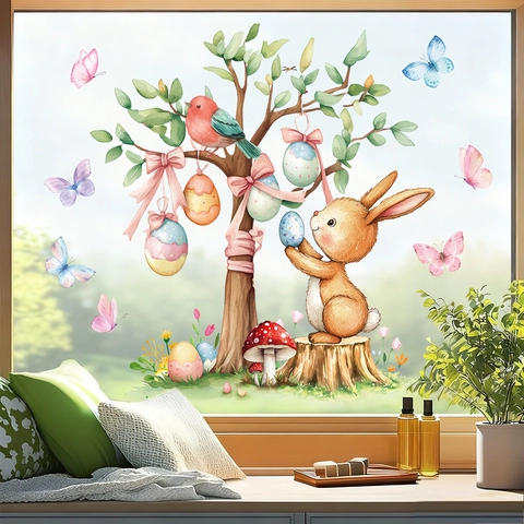 Easter Window Sticker Static Cling Watercolor Rabbit Egg Tree PVC Holiday Home Decor Decal Glass Ornament