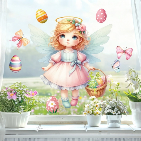 Easter Window Clings Static Stickers Cartoon Angel Girl Pattern PVC Waterproof Decals For Festival Home Window Decoration