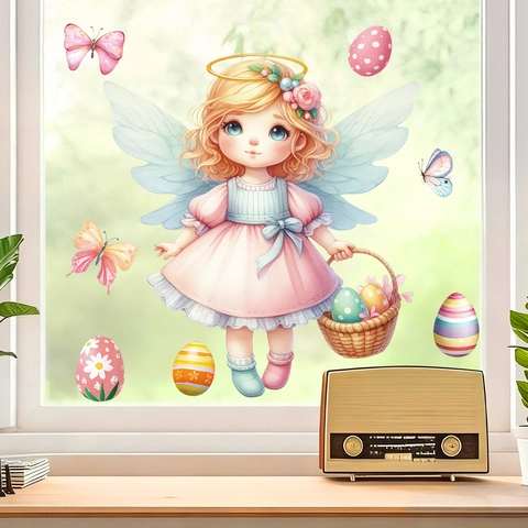 Easter Window Clings Static Stickers Cartoon Angel Girl Pattern PVC Waterproof Decals For Festival Home Window Decoration