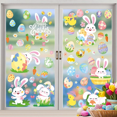 Easter Window Clings Static Stickers Double Sided Cartoon Bunny Egg Chick Flower Carrot Decoration For Glass Home Office