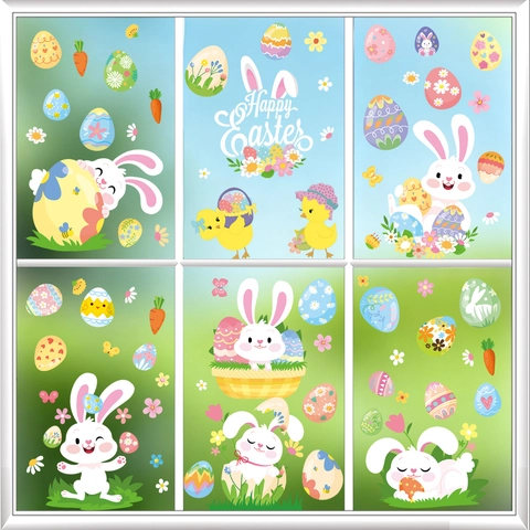 Easter Window Clings Static Stickers Double Sided Cartoon Bunny Egg Chick Flower Carrot Decoration For Glass Home Office