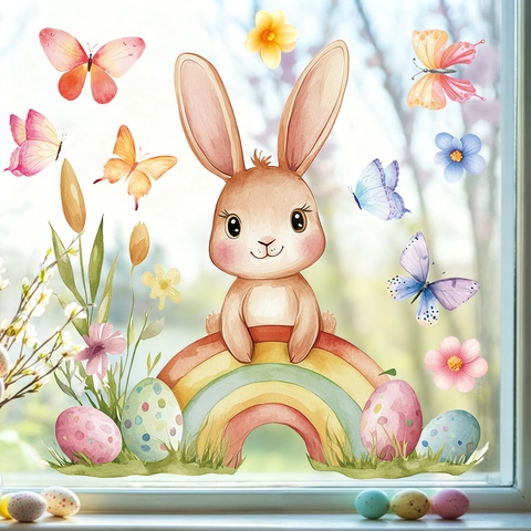 Easter Window Clings Static Sticker PVC Watercolor Cartoon Bunny Rainbow Decorative Glass Film For Holiday Home Decor